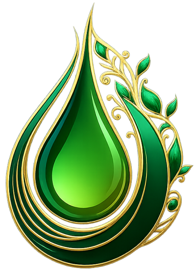 Logo von Fabelhaft Gefertigt: Tropfenförmiges, grünes Design mit goldenen Akzenten und verschnörkelten Blattornamenten – symbolisiert Natur, Handarbeit und Eleganz.
